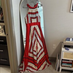 Eliza J Red and White Halter Maxi Gown
